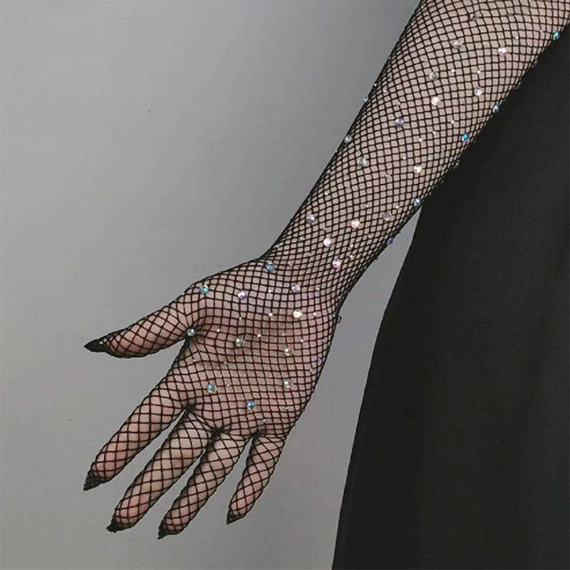 Extra Long Full Fingered Dimante Fishnet Gloves