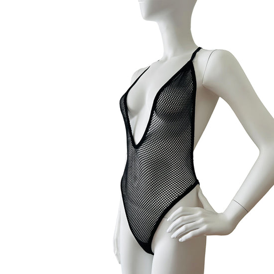 SLOANE High Cut Deep V Adjustable Strap Fishnet Bodysuit