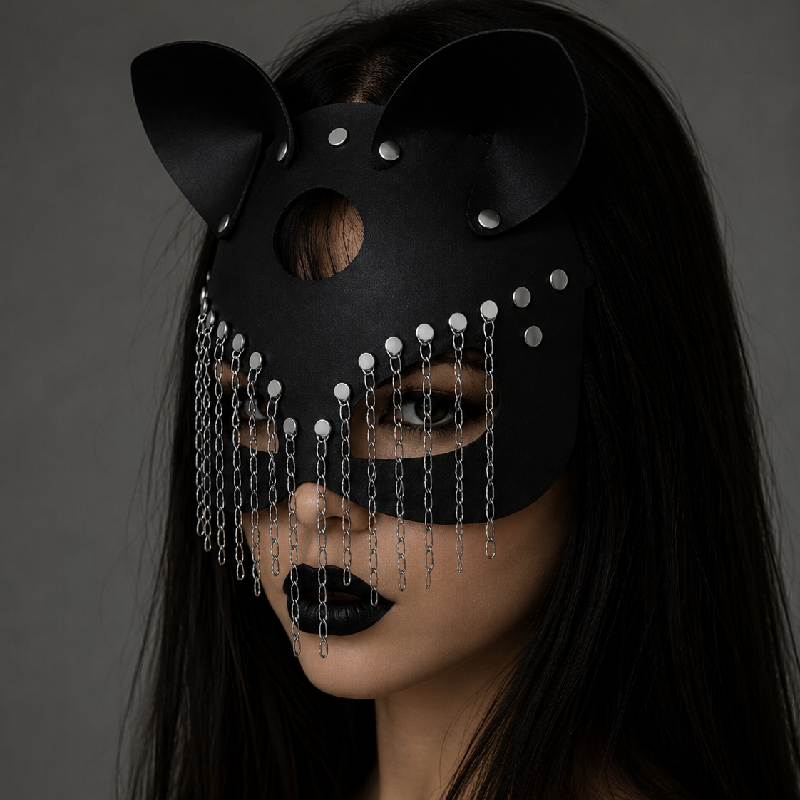 Person wearing a black mask with cat ears and chain details on a dark background