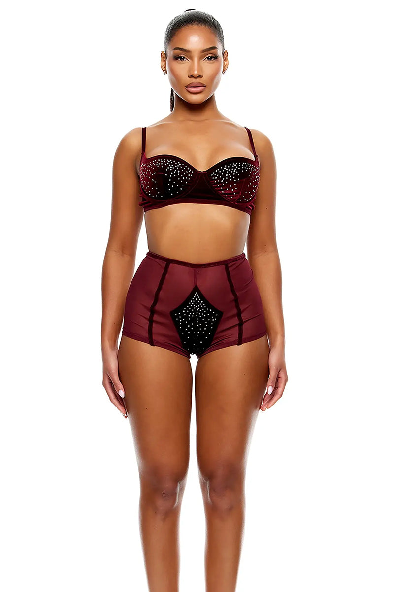 Forplay Caught Your Eye Velvet Rhinestone Bra and Briefs Lingerie Set