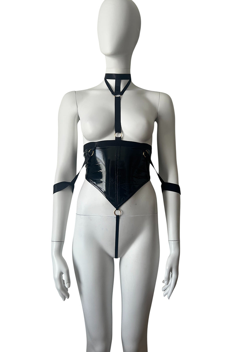 Vinyl Fetish Corset Style Playsuit With Wrist Cuffs & Choker