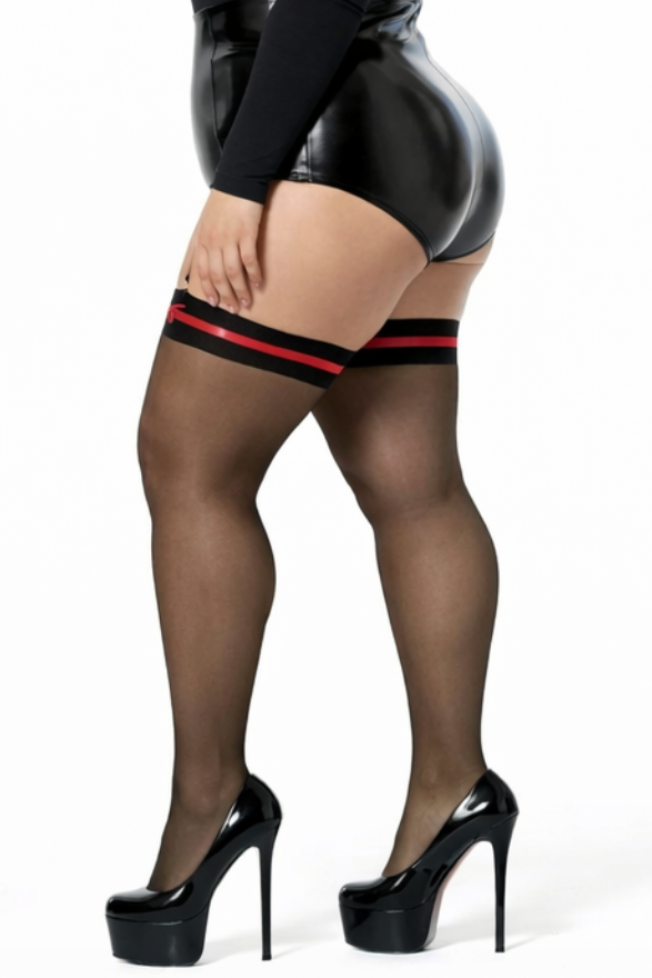 Person wearing black stockings with red accents and high heels on a white background