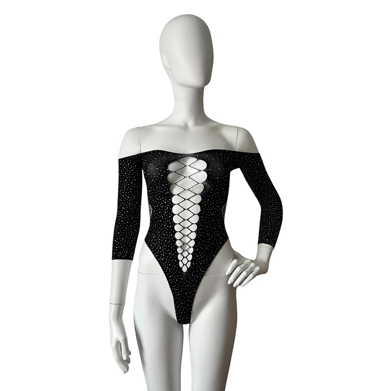 GALAXY Long Sleeve Cut Out Diamanté Fishnet Bodysuit