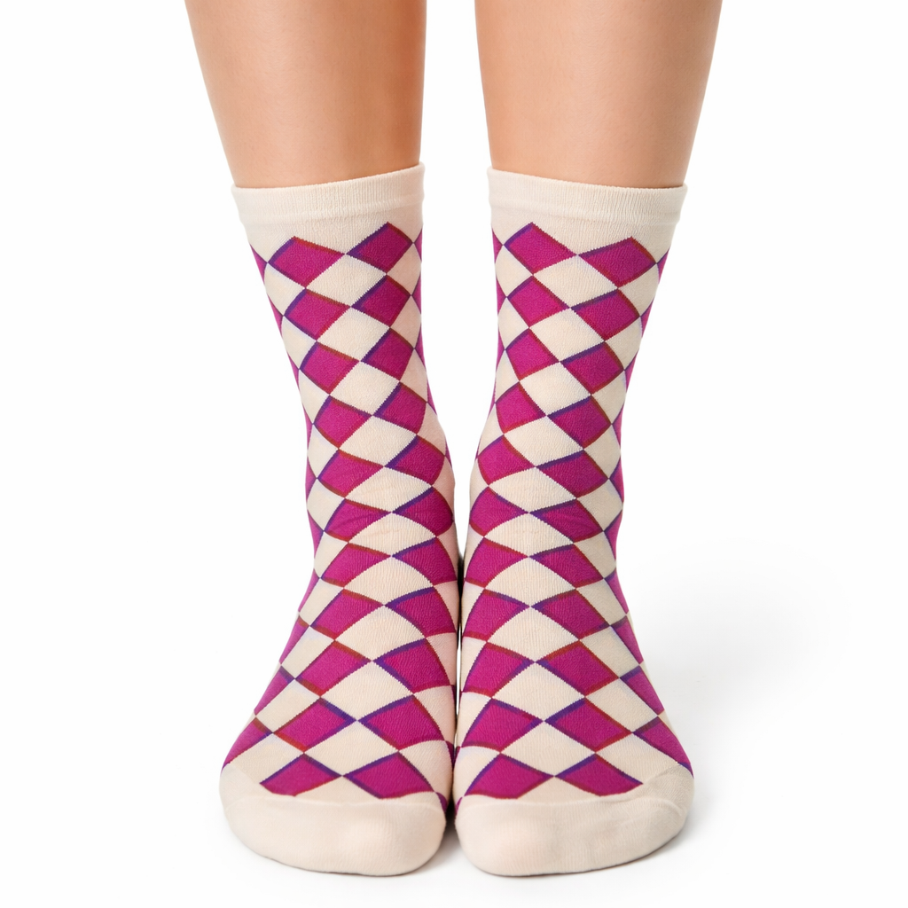 Purple and white checkered socks on a white background