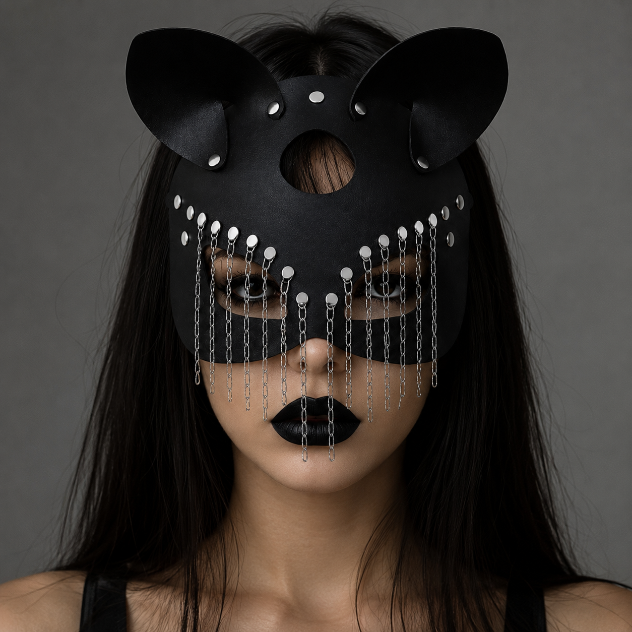Person wearing a black cat mask with chain details on a gray background