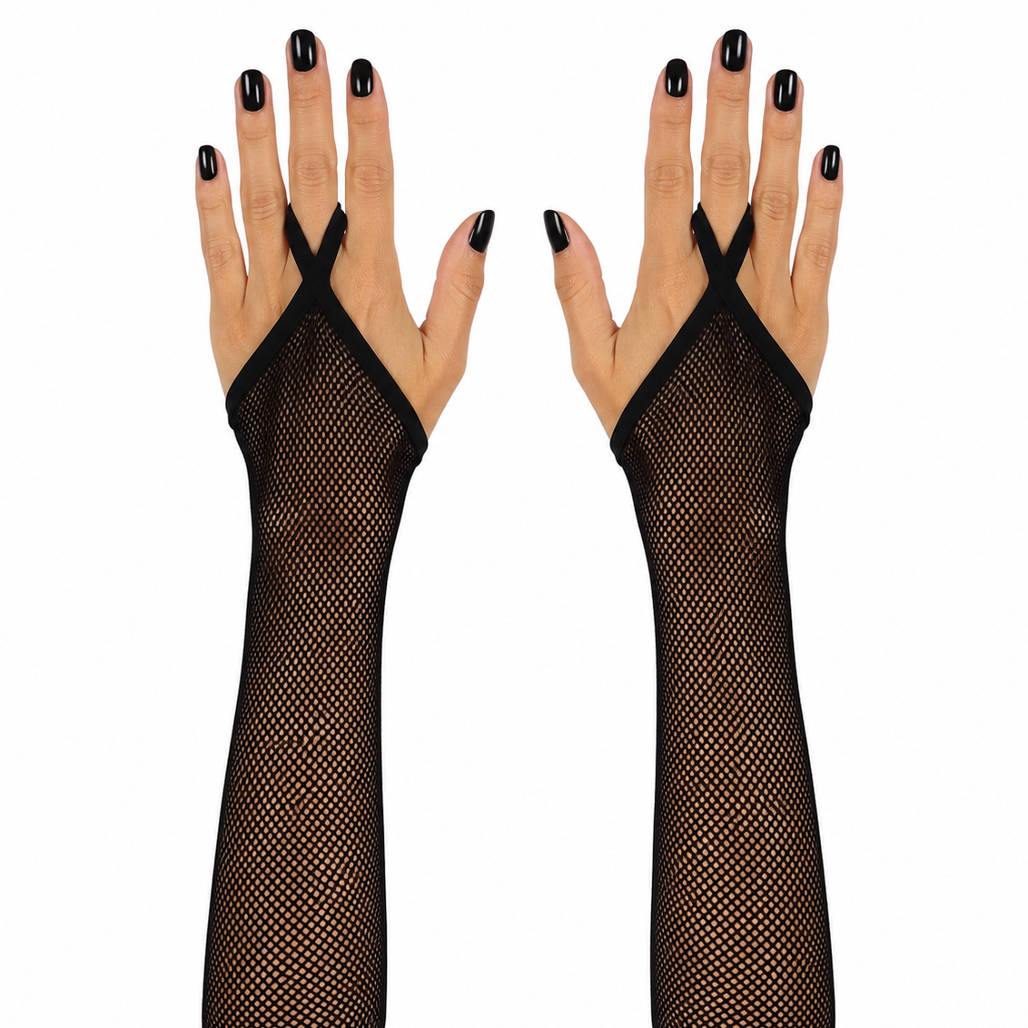 A pair of black fishnet fingerless opera gloves worn on hands with black nail polish, shown against a plain white background.