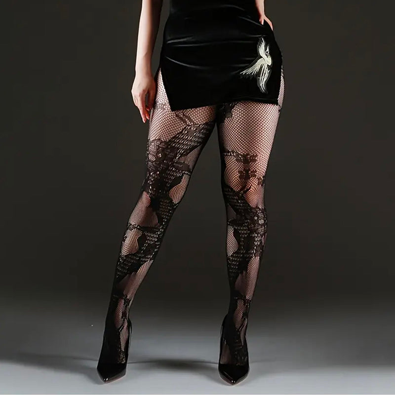 Plus Size Dragon Net Tights With Chinoiserie Pattern
