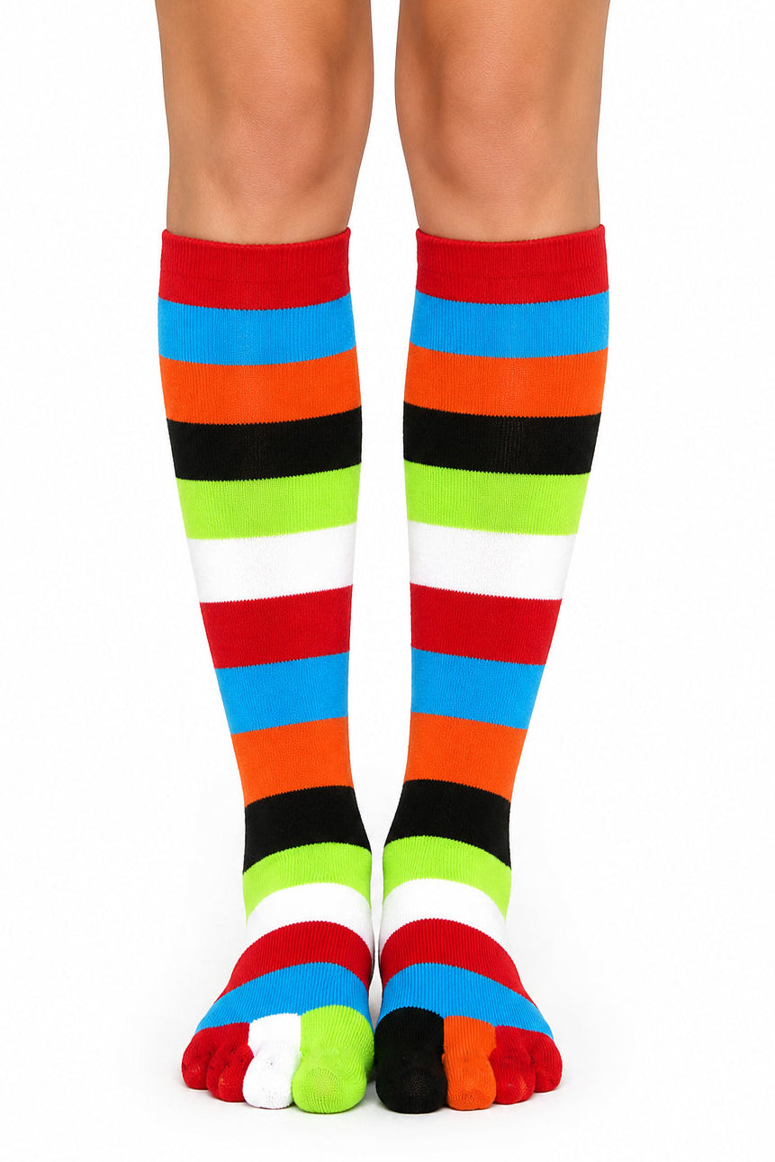 Colorful striped toe socks on a white background