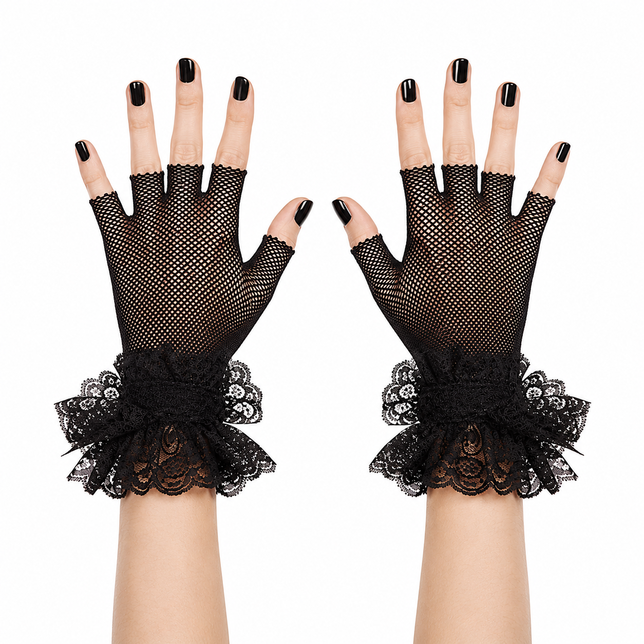 A pair of black fingerless mesh gloves with lace cuffs, shown on hands against a plain white background.