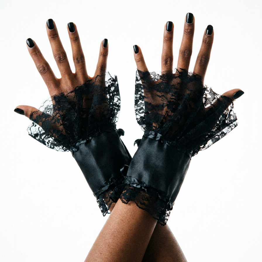 Black lace fingerless gloves with satin cuffs worn on hands with black nail polish, shown against a plain white background.