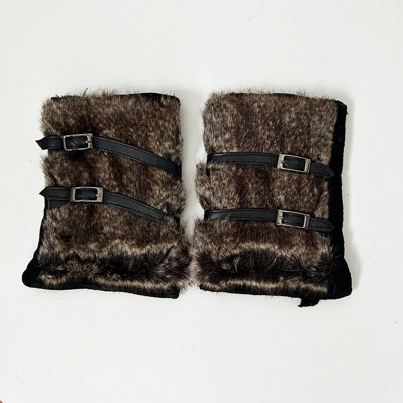 Real Rabbit Fur & Suede Fingerless Cropped Gloves