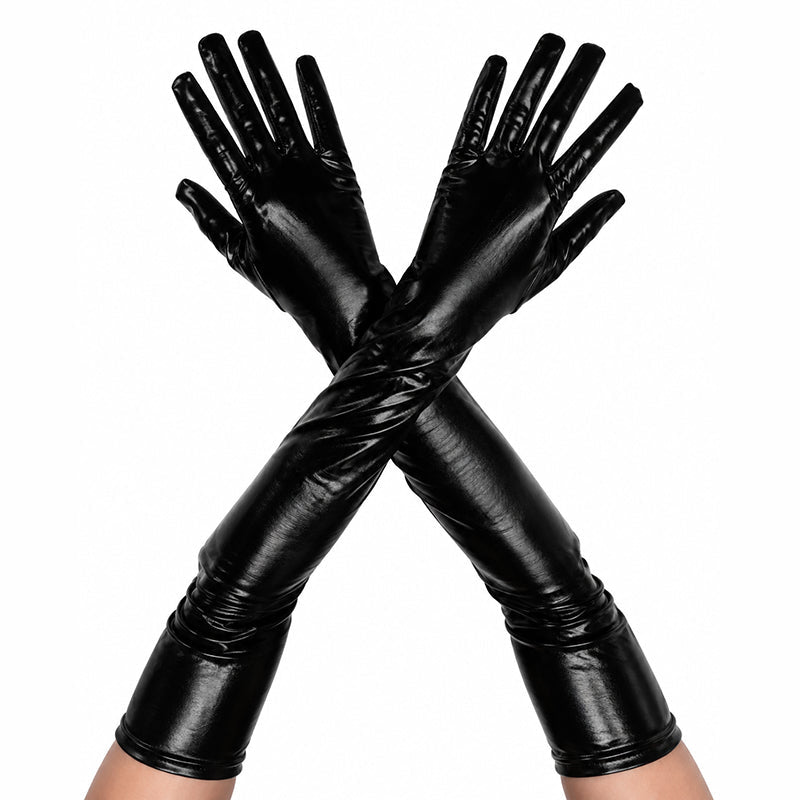 A pair of long black faux-leather gloves worn on arms, crossed over each other in an X shape against a plain white background.
