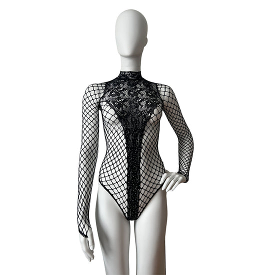 NEFERTITI Diamante Bodysuit In Fishnet And Lace