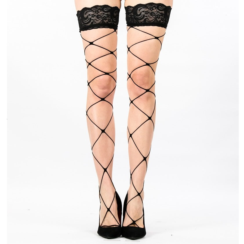 Lace Top Jumbo Net Fishnet Hold Ups With Silicone Bands - Leggsbeautiful