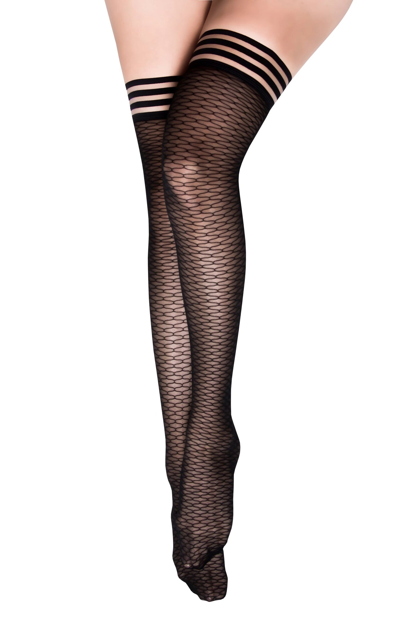 Black fishnet stockings with striped cuffs on a white background