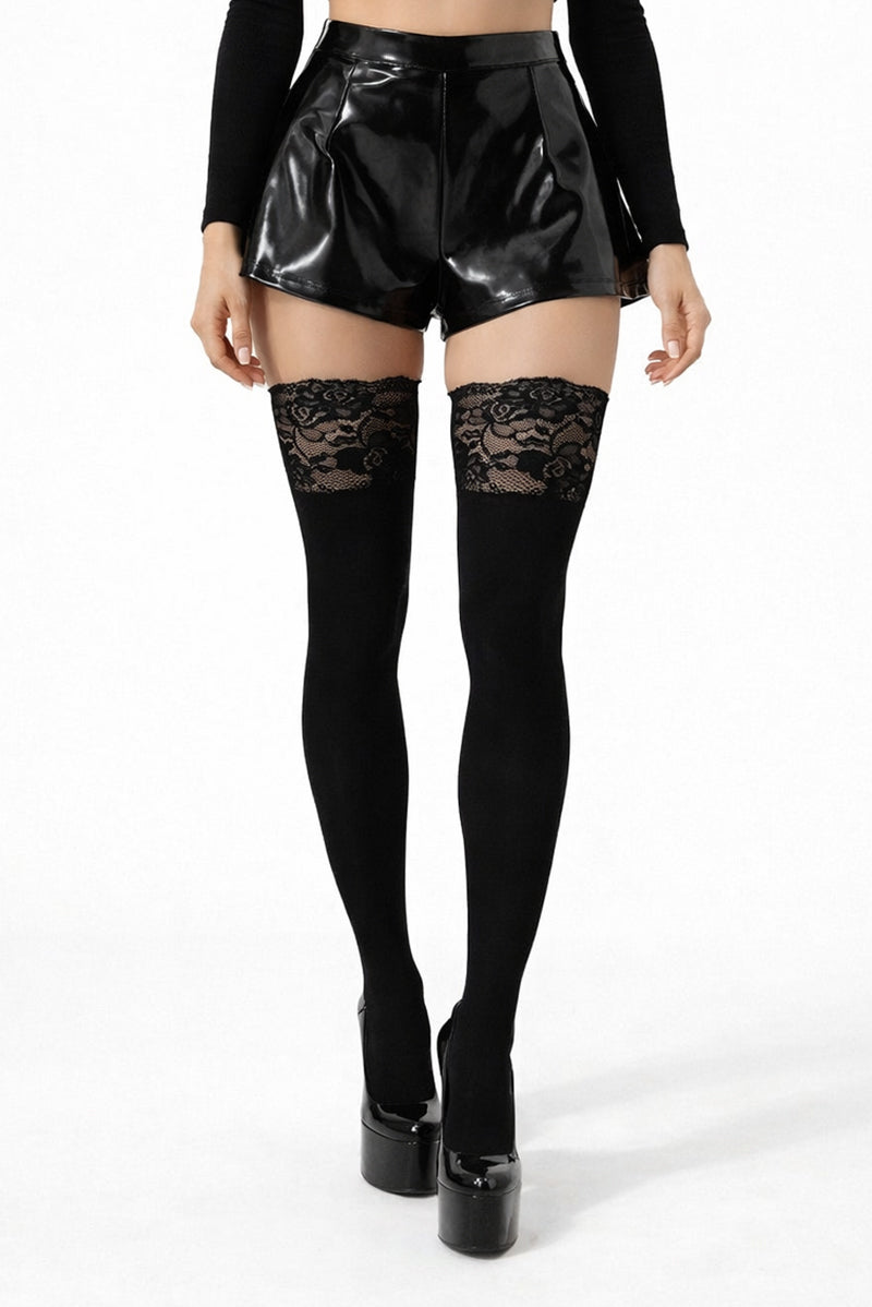 Cotton Knit Lace Top Thigh High Hold Ups With Silicone