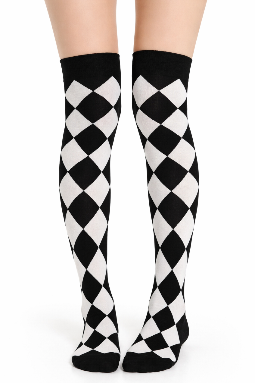 Front view of a model’s legs from mid-thigh down against a white background, wearing black-and-white harlequin patterned over-the-knee socks that sit about three inches above the knees, with bare feet and no shoes.
