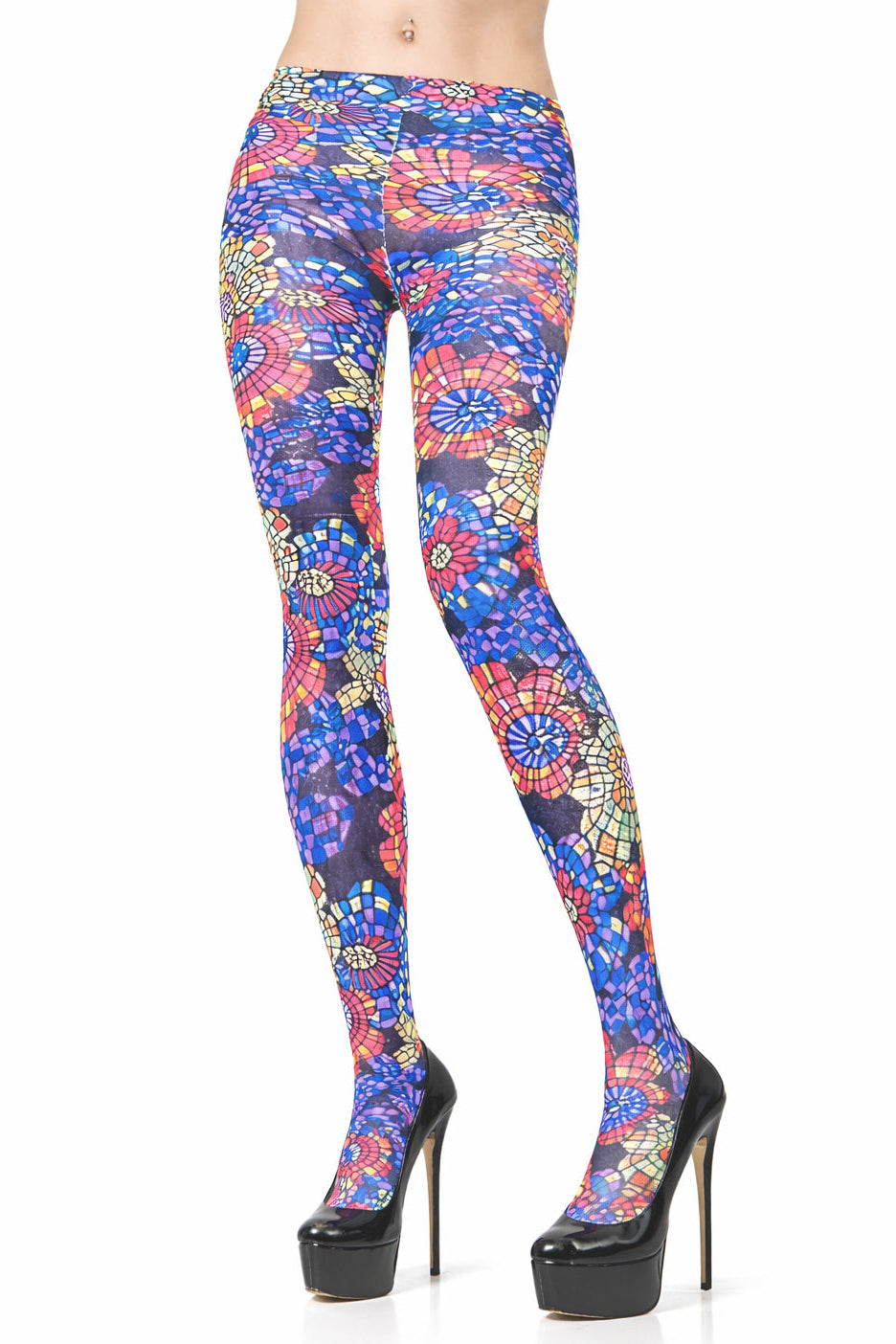 Colorful patterned leggings worn by a person on a white background