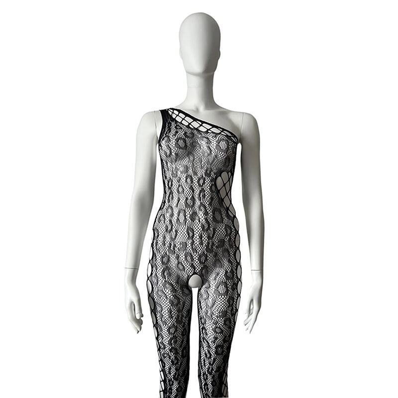 Music Legs One Shoulder Leopard Print Net Crotchless Bodystocking