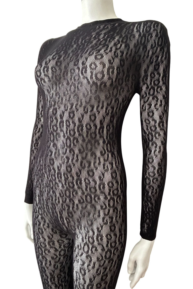 Leopard Fishnet Texture COCO Long Sleeve Footless Woven Fishnet Leopard Print Catsuit ...