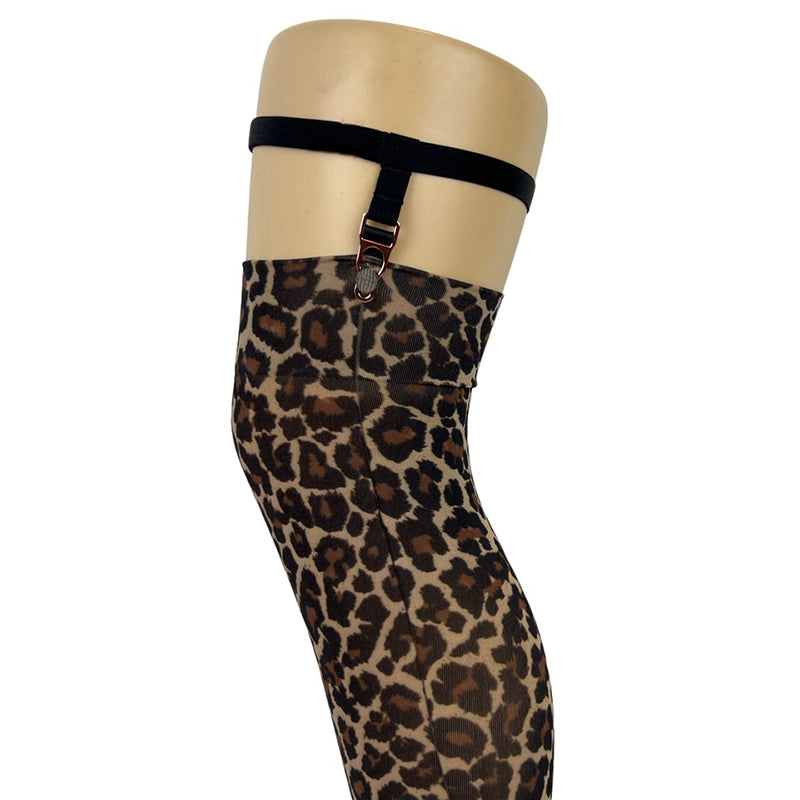 70 Denier Opaque Leopard Print Over Knee Socks With Garters