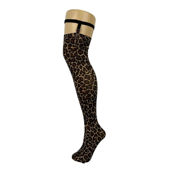 70 Denier Opaque Leopard Print Over Knee Socks With Garters