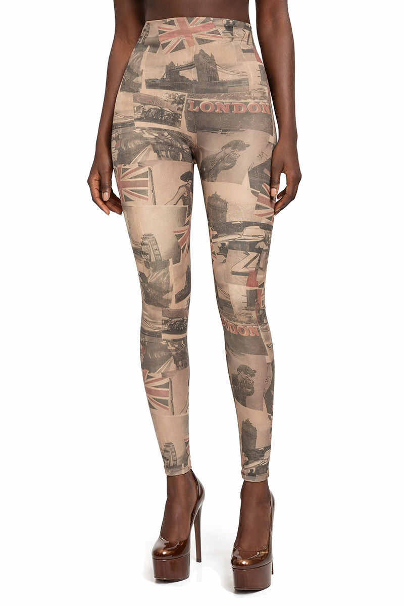 Footless Fleece Lined Tights With London Print - LEGGSBEAUTIFUL