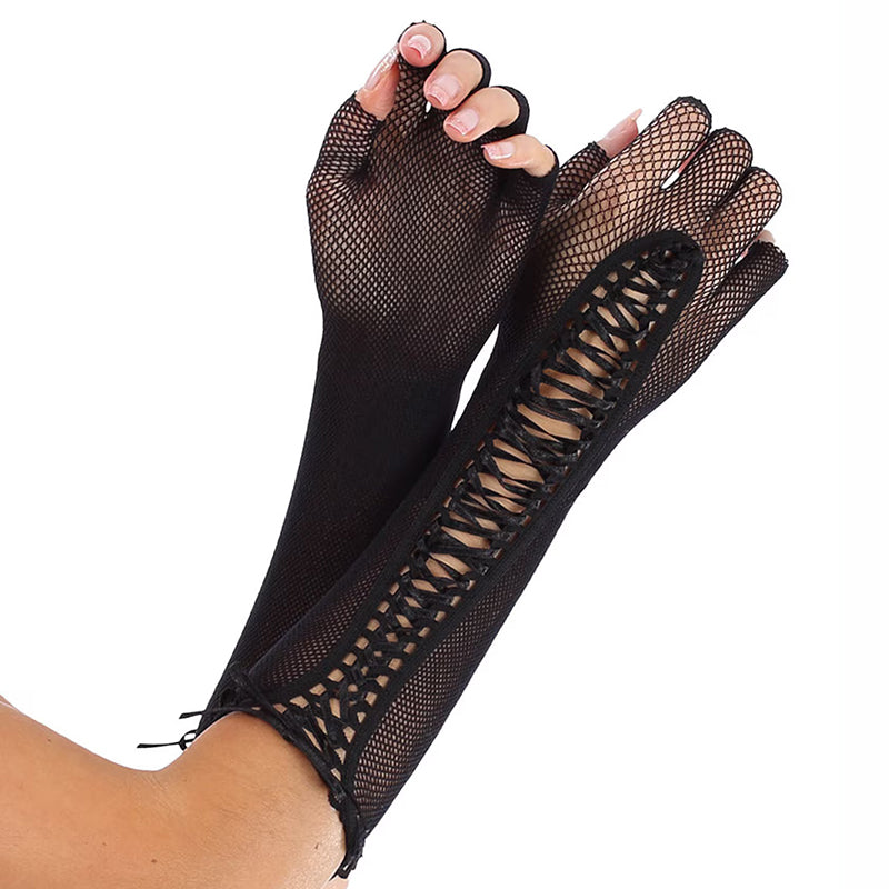 Classified Long Fingerless Net Gloves With Lace Up Detail
