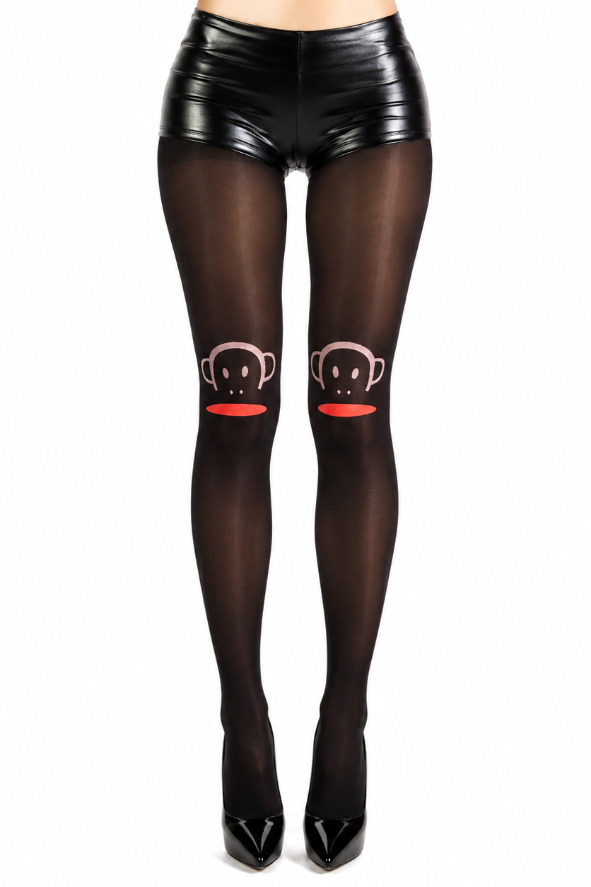 Black tights with monkey face design on a white background