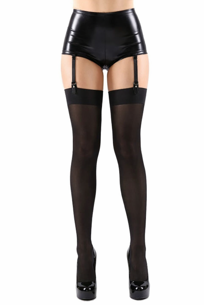 Black leather garter belt with stockings on a white background