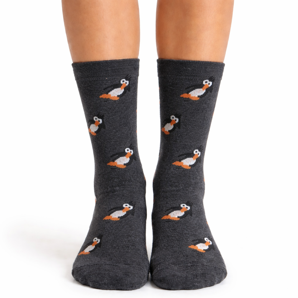 Dark gray socks with penguin design worn by a person on a white background