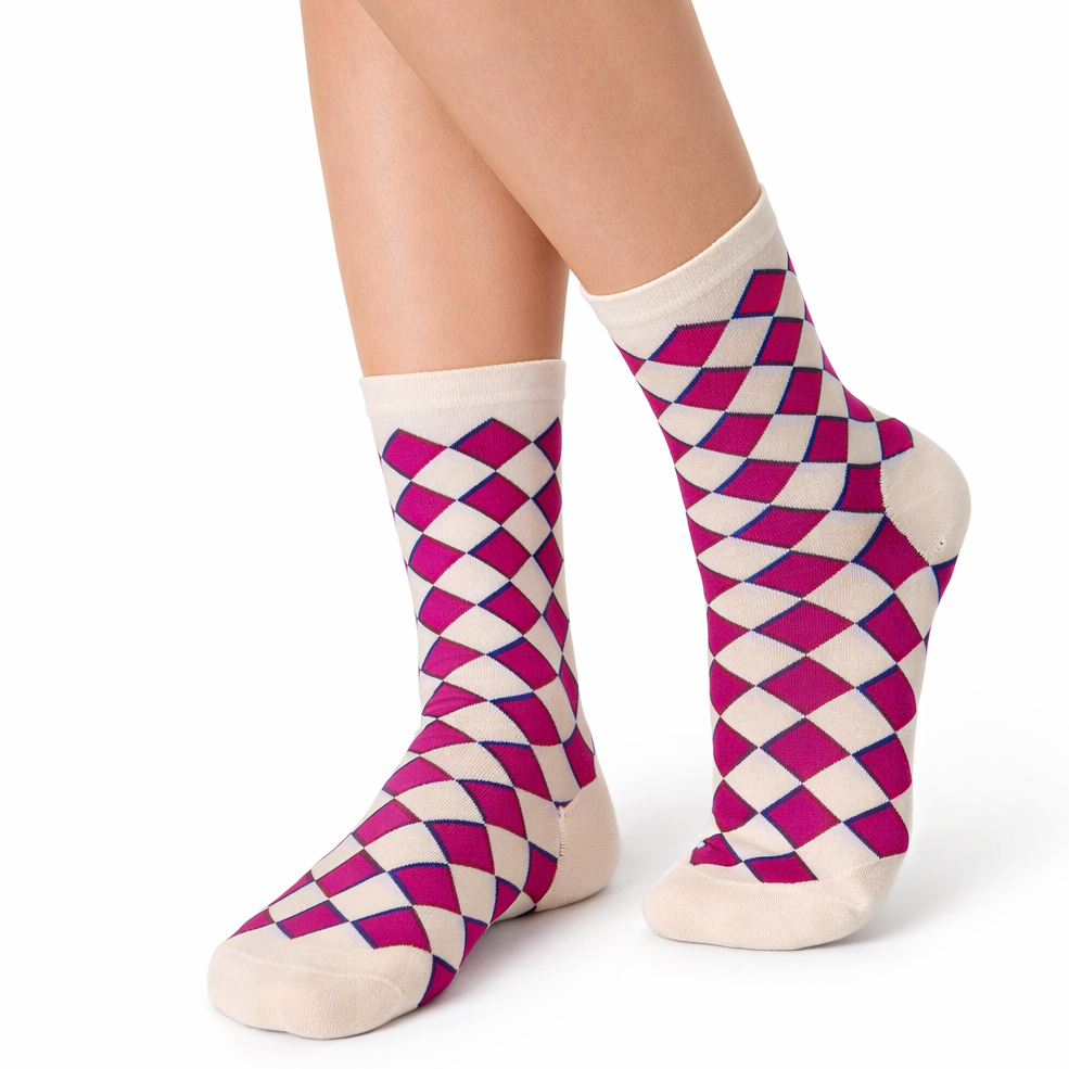 Purple and white checkered socks worn by a person on a white background