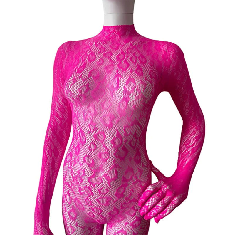 Close up of pink gloved leopard bodystocking. front viewbodystocking