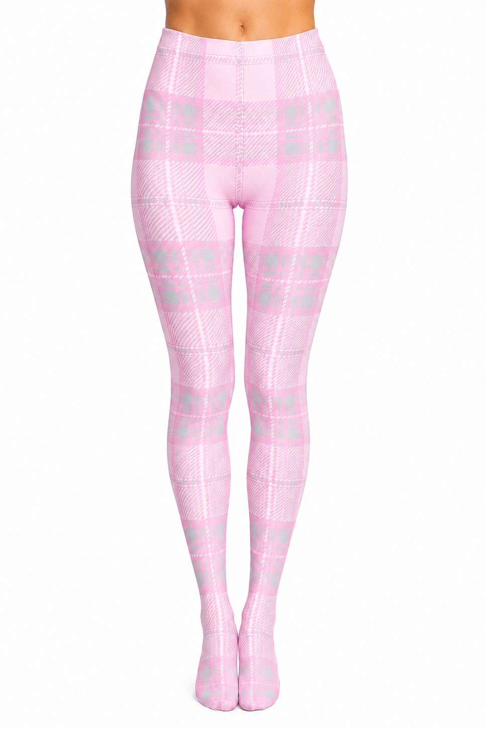 Pink plaid tights with a textured knit pattern, shown on a model from the waist down against a plain white background.