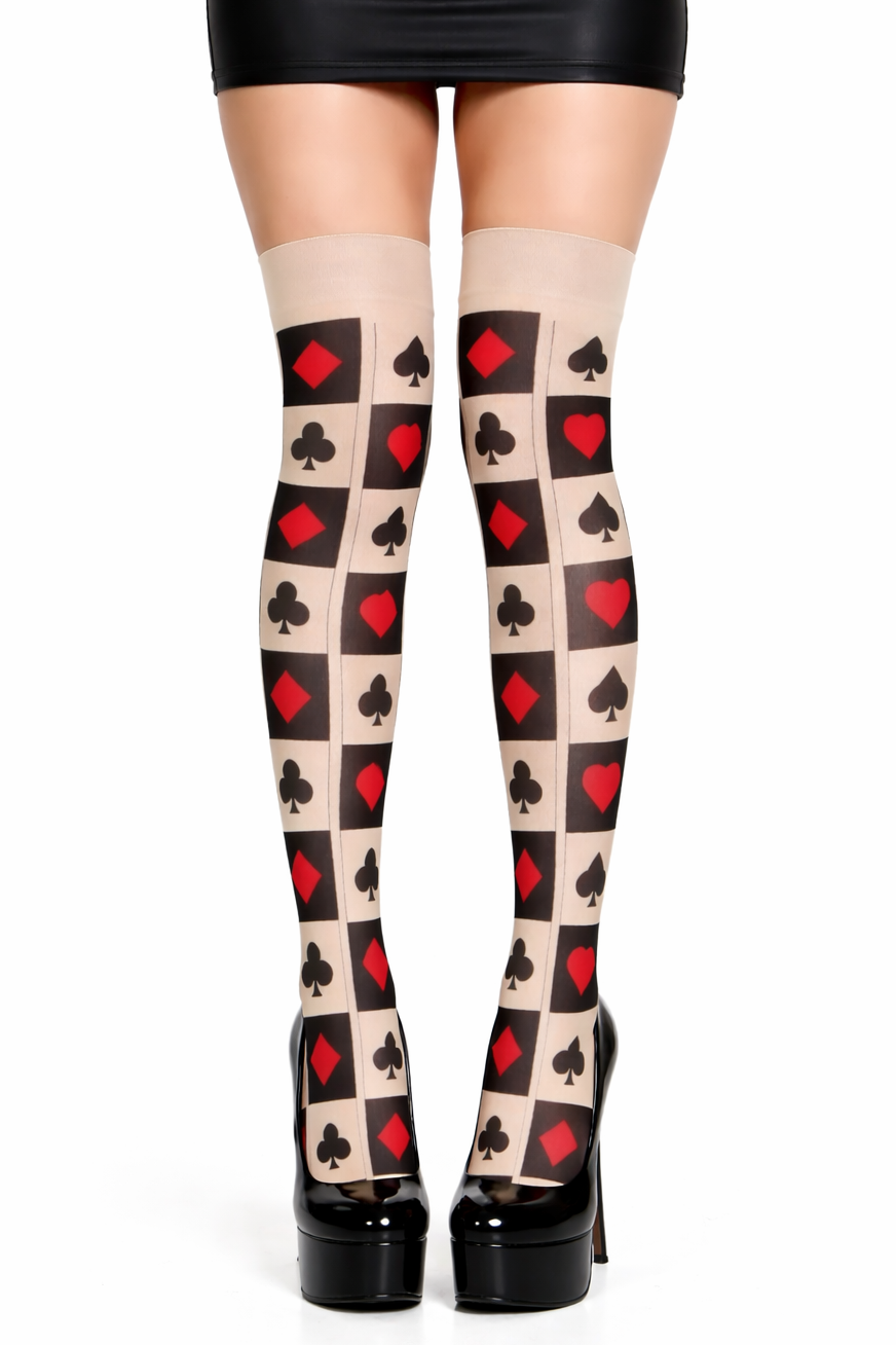 Thigh-high stockings with card suit pattern and platform shoes on a white background