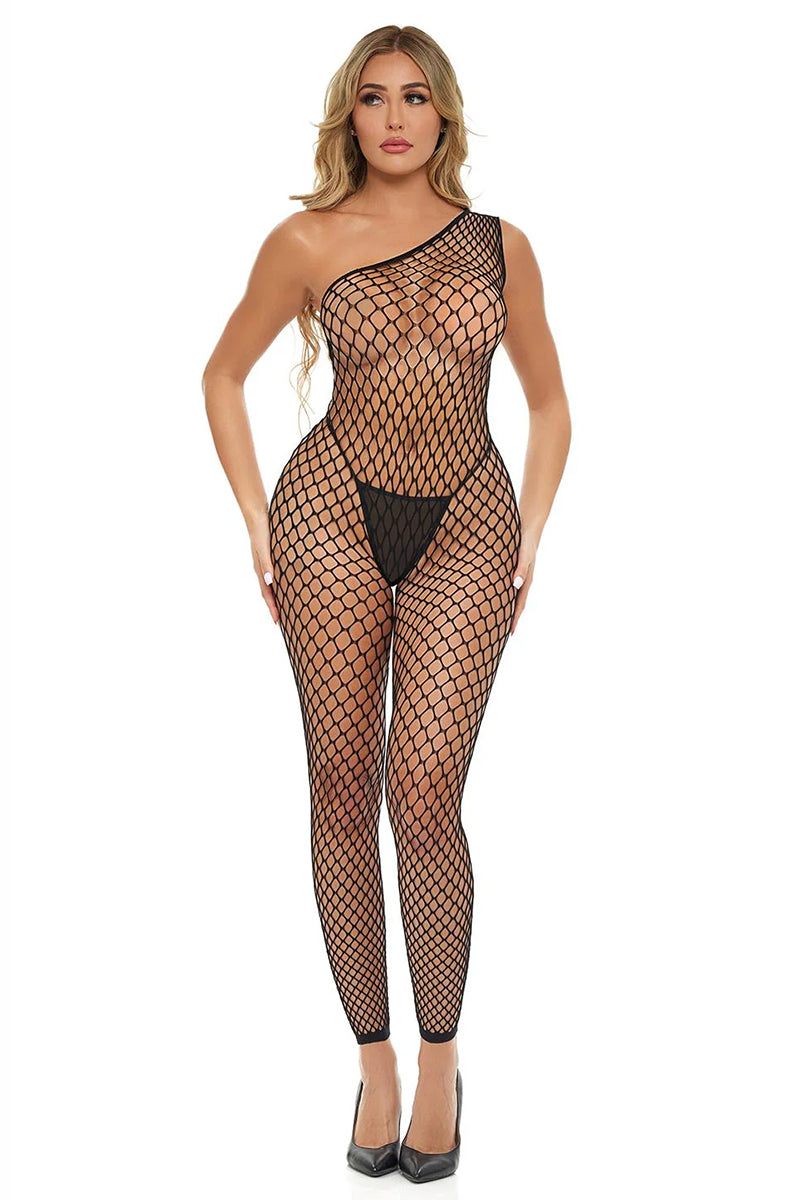 Pink Lipstick Lets Link Diamond Net Footless Bodystocking