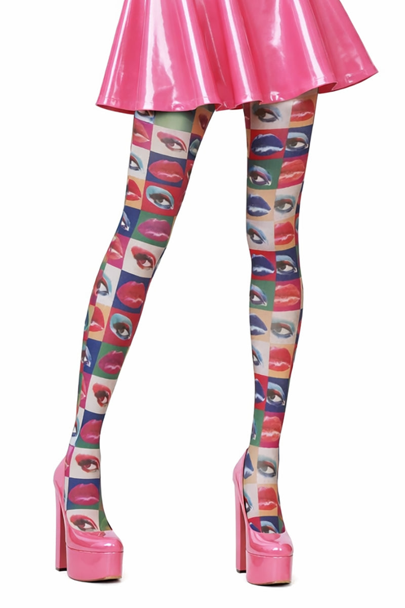 70 Denier Pop Art Lips & Eyes Block Print Tights