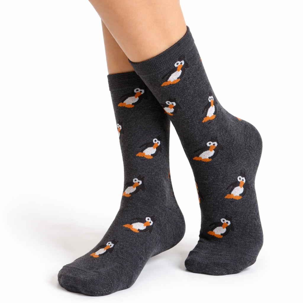 Dark gray socks with penguin pattern worn by a person on a white background