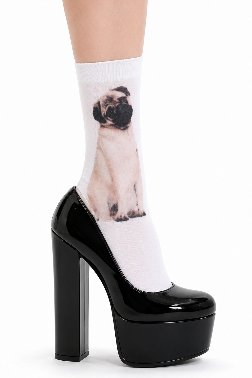 Black platform high-heeled shoes with a sock featuring a pug design on a white background