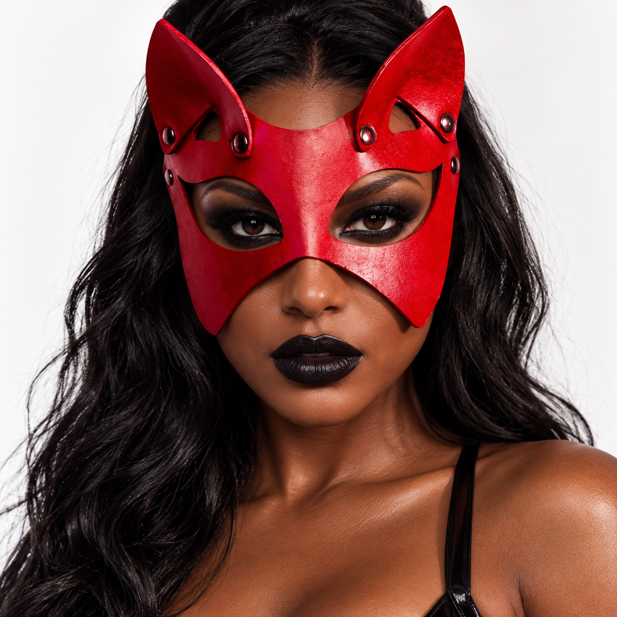 A close-up of a woman wearing a bright red faux-leather cat mask with pointed ears and silver rivets, set against a plain white background.