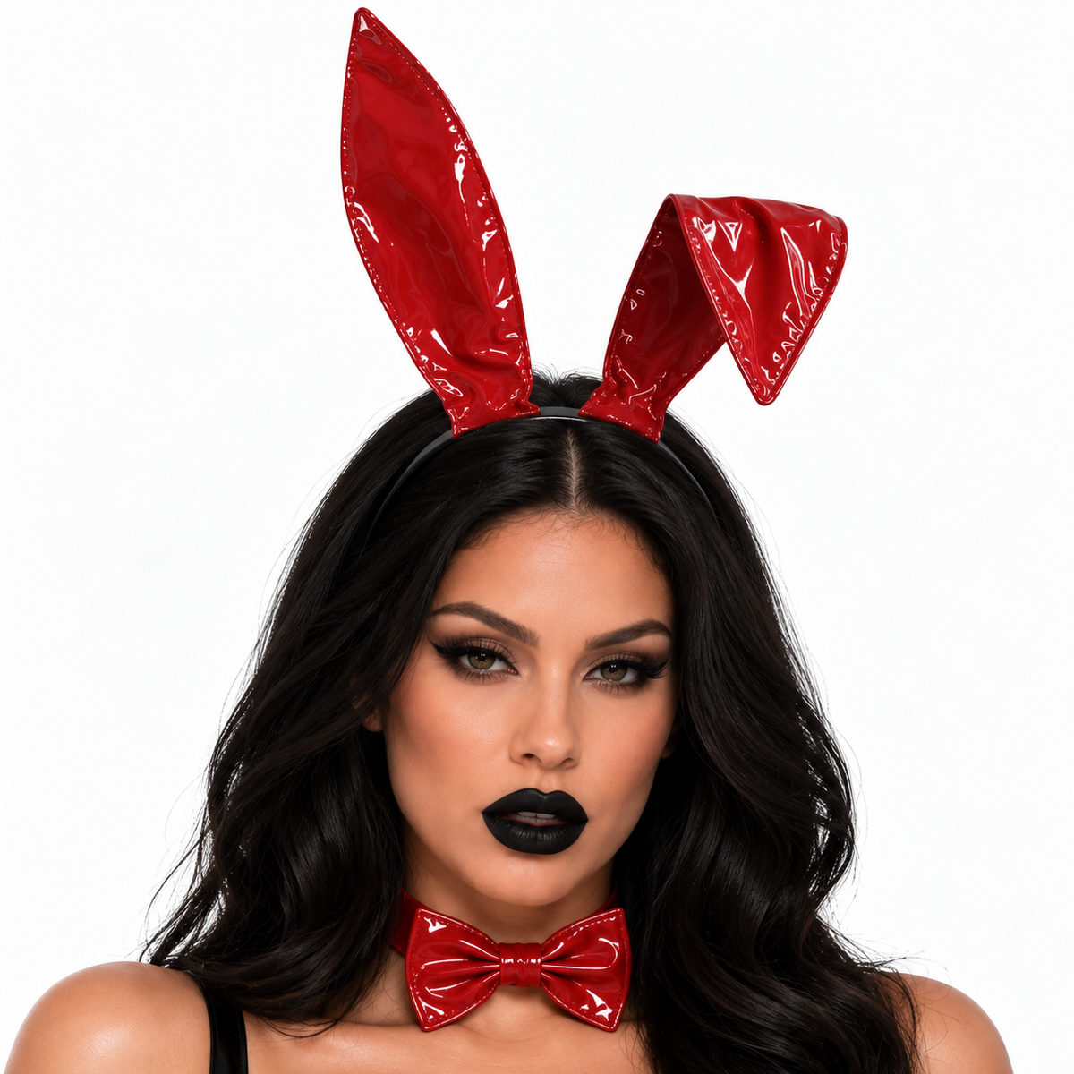 A woman modeling a glossy red bunny ears headband and matching red bow tie set against a plain white background.