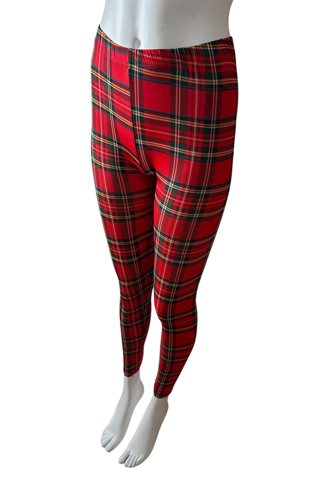 
                      
                        Red plaid leggings on a mannequin against a white background
                      
                    
