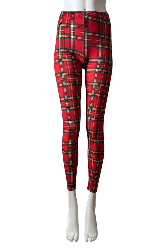 
                      
                        Red plaid leggings on a mannequin against a white background
                      
                    