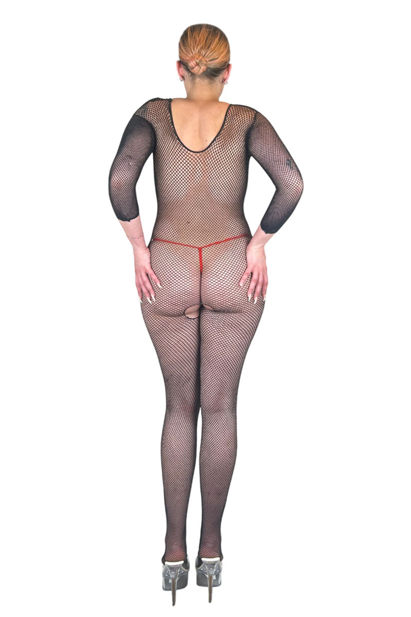Long Sleeve Scoop Neck Crotchless Fishnet Bodystocking