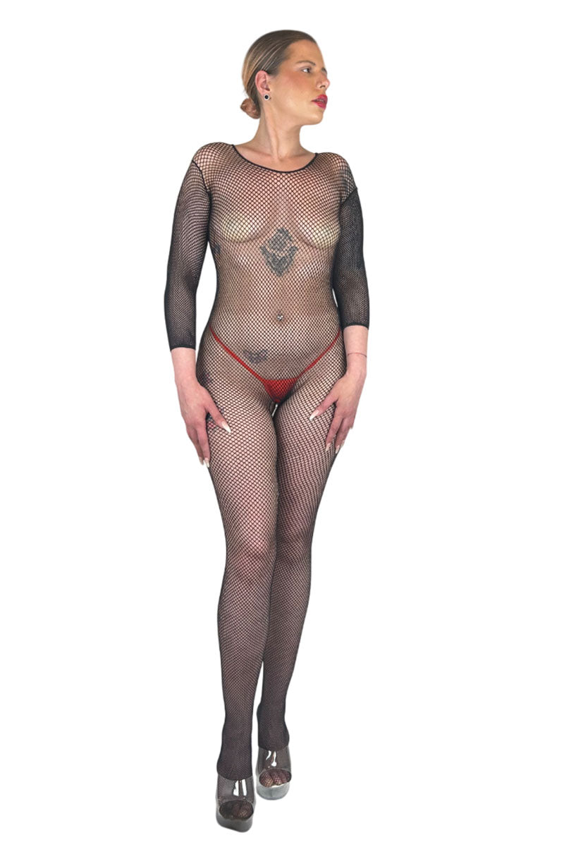 Long Sleeve Scoop Neck Crotchless Fishnet Bodystocking