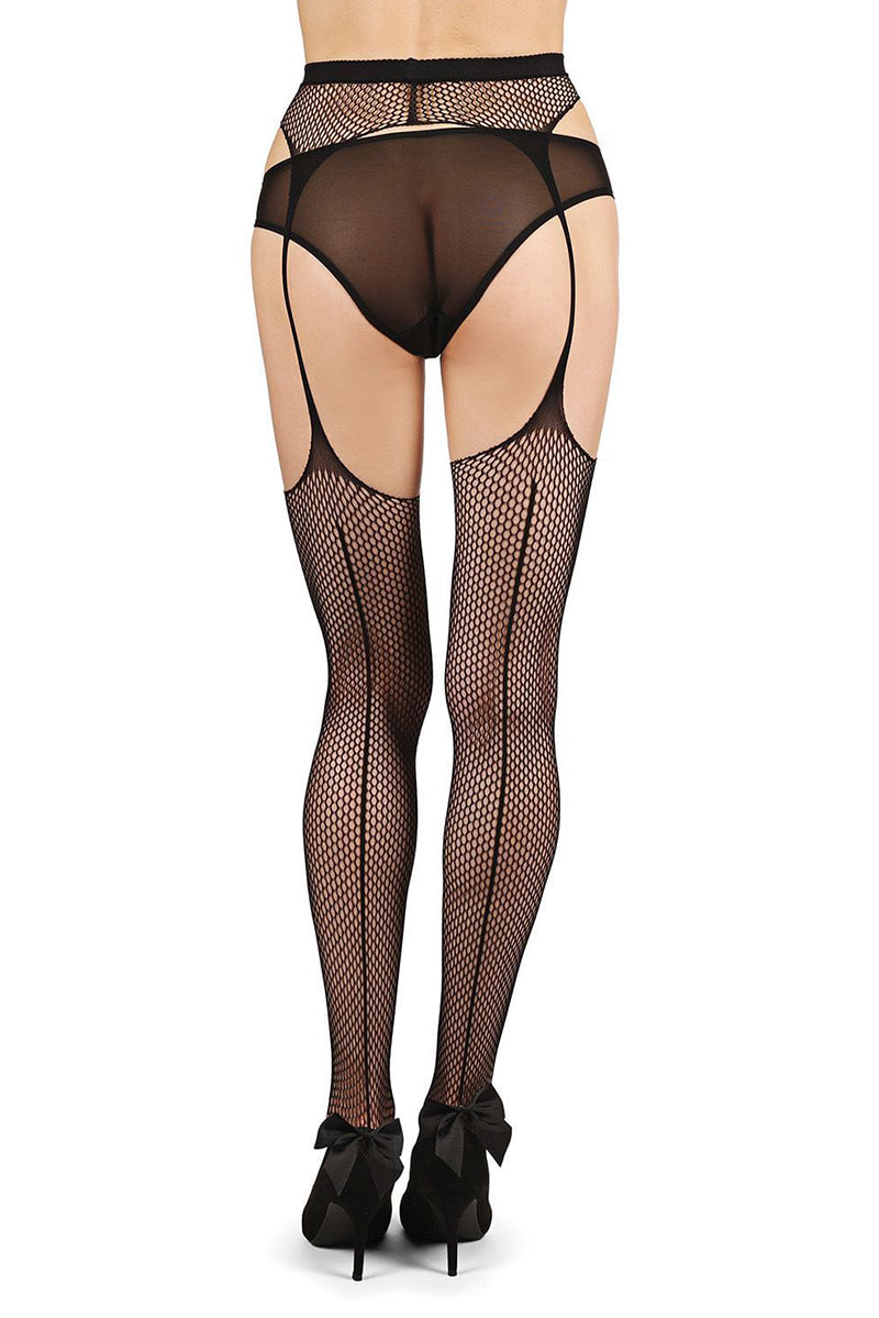 MeMoi Seamed Fishnet Suspender Tights With Ankle Bows