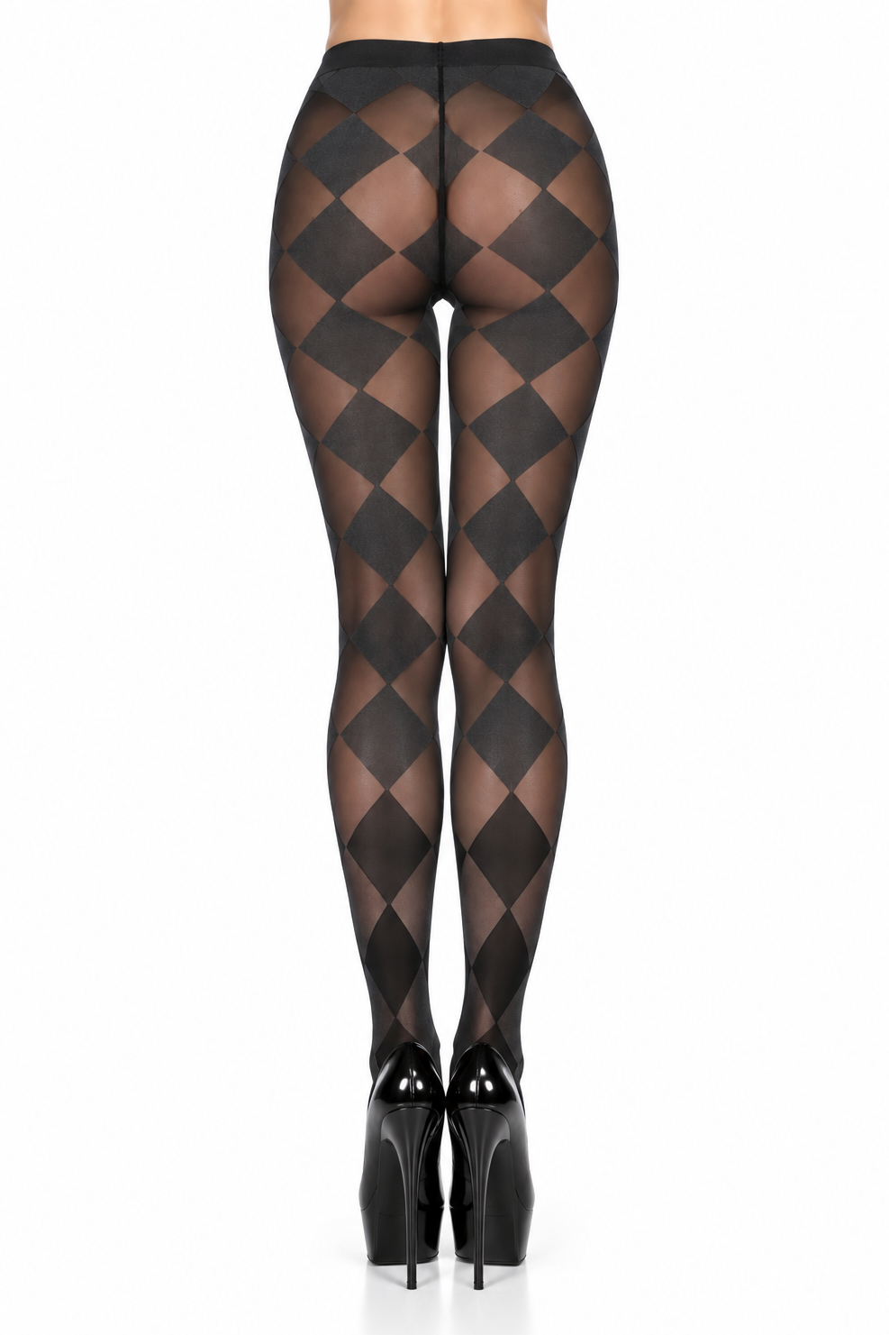 Rear view of a model wearing black diamond-patterned sheer tights and black high heels against a white background.