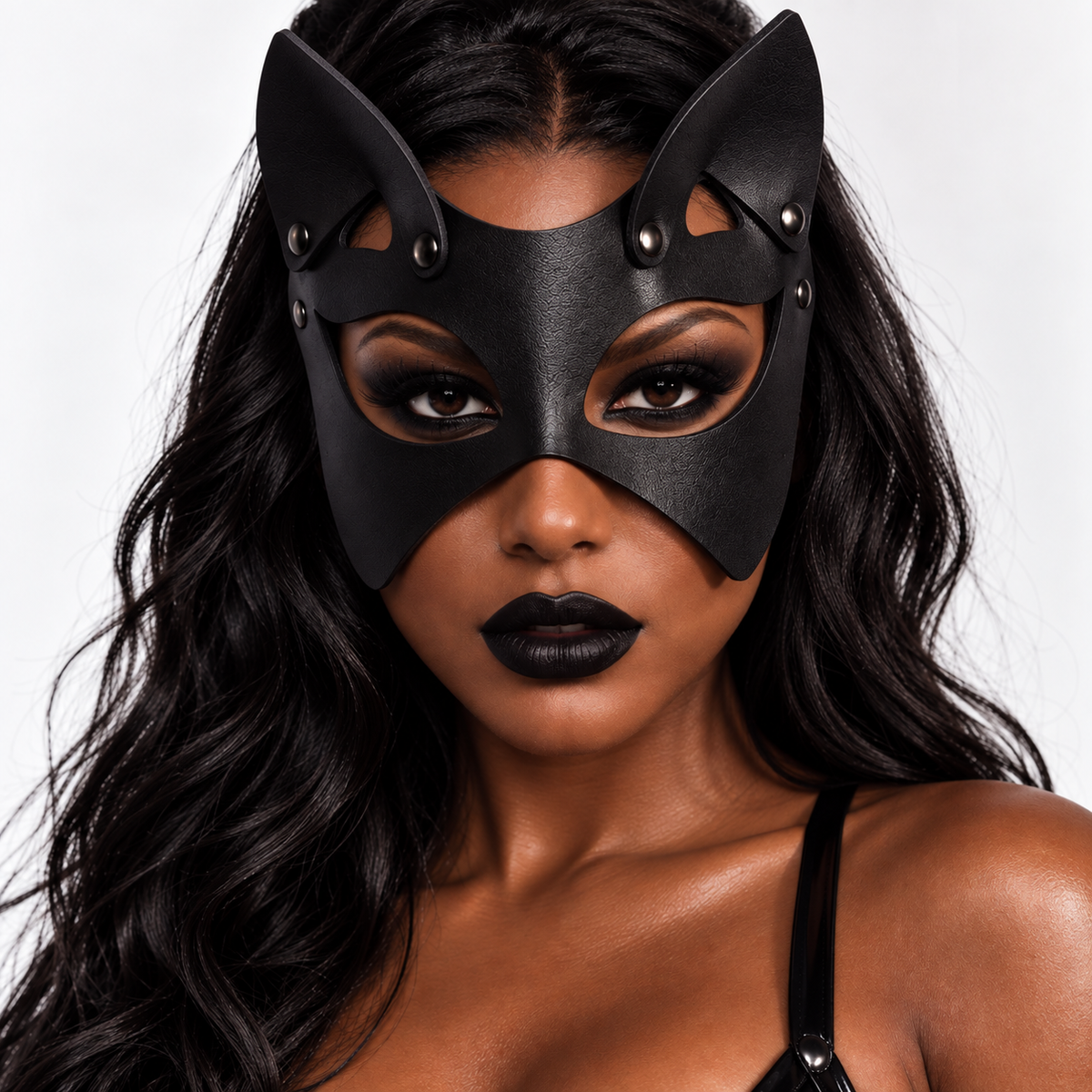 A woman with long wavy black hair wearing a black faux-leather cat mask with pointed ears and silver rivets, set against a plain light gray background.