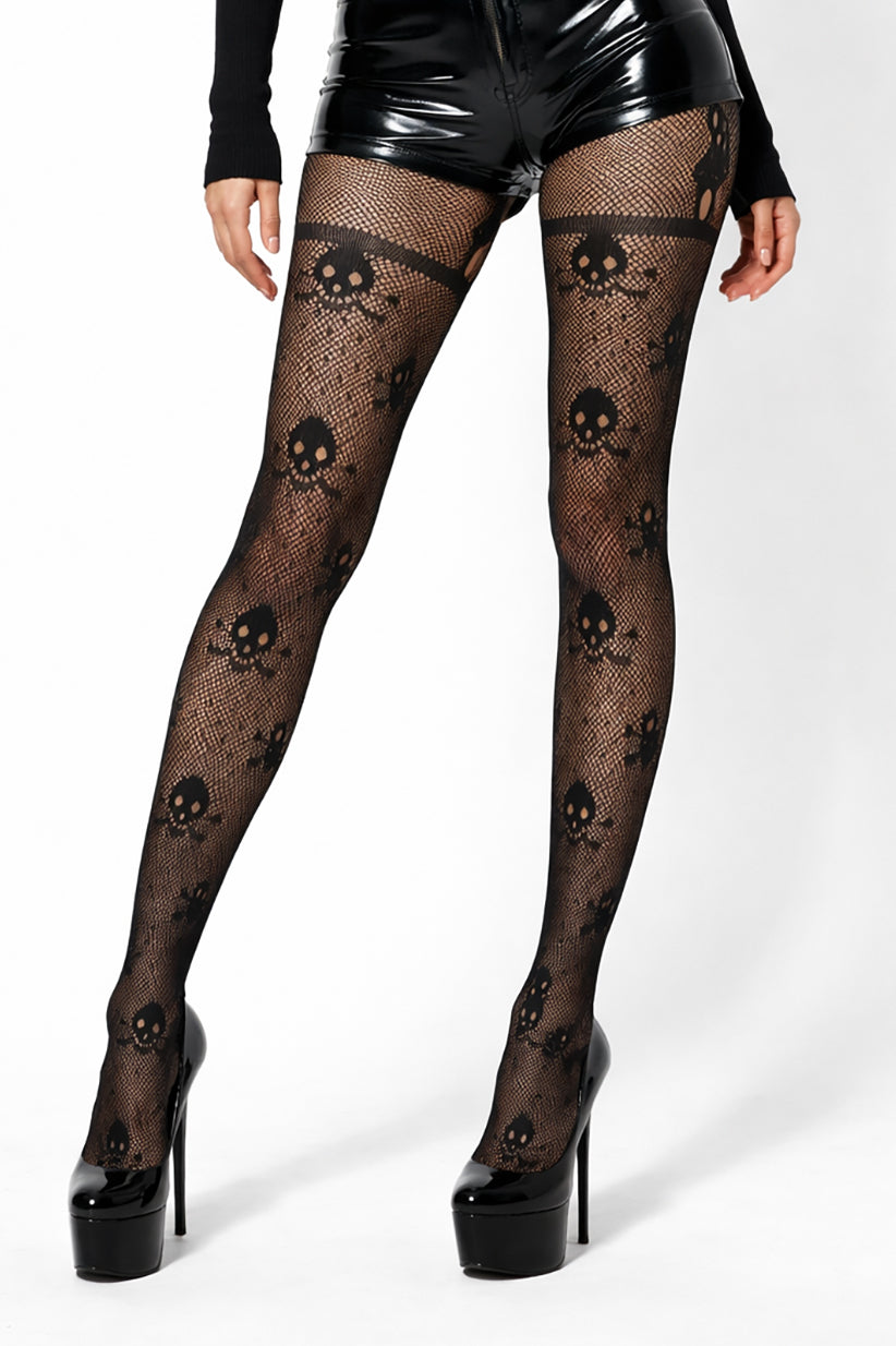 Skull And Crossbone Patterned Mock Suspender Fishnet Tights - LEGGSBEAUTIFUL