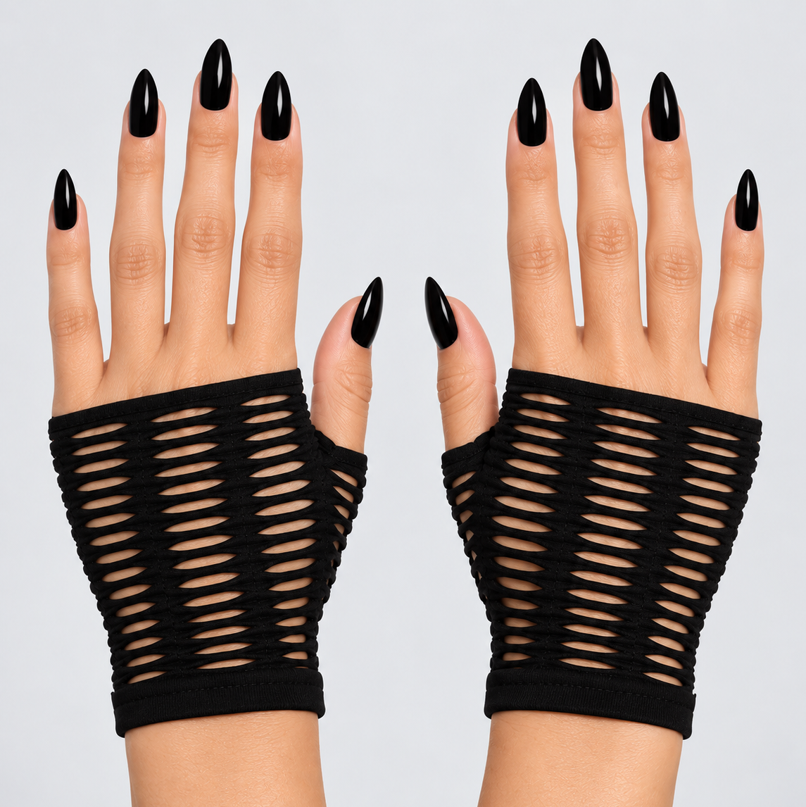 Black fingerless mesh cutout wrist gloves worn on both hands, shown against a light gray studio background.